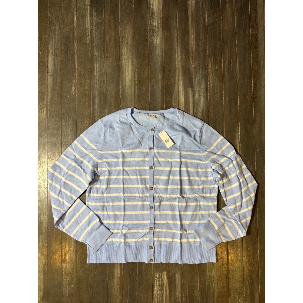 GAP Womens Light Blue White‎ Striped Lightweight Crewneck Cardigan Sweater NWT